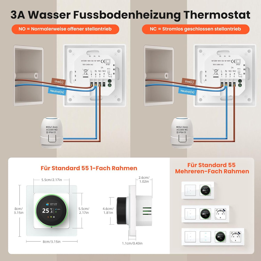 AVATTO Thermostat für Wasser Fussbodenheizung,55 x 55 Standard, Smart WiFi Thermostat Programmierbar