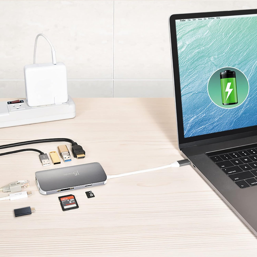j5create Multi USB-C 9-in-1 Adapter HDMI/Ethernet/USB 3.1, SD und MicroSD/PD 3.0 | HDMI 4K für MacBo