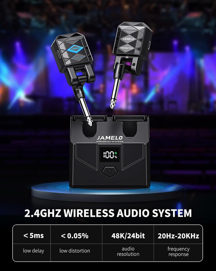 JAMELO Kabelloses Gitarrensystem mit Ladekoffer, Gitarrensender Empfänger, wiederaufladbares Gitarre