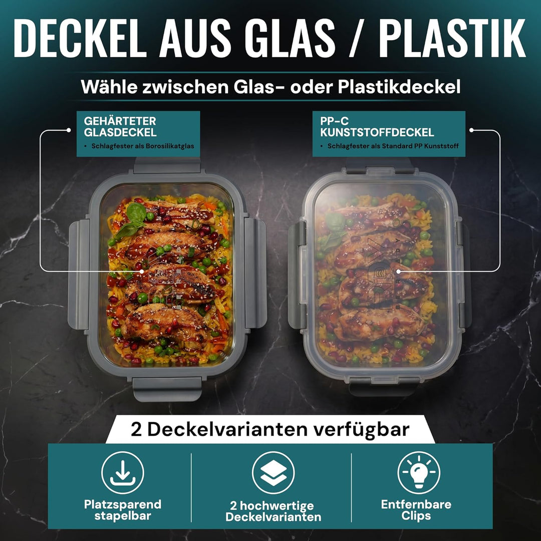 RDY® Meal Prep Glas-Boxen Set 5x 1500ml - luftdichte Glasbehälter Mikrowelle, Backofen, Gefrierfach