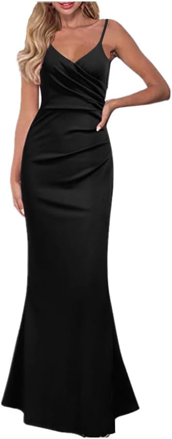 QKEPCY Damen Bodycon Maxikleid Sexy Lounge Slip Langes Kleid Elegant V-Ausschnitt Ärmellos Figurbeto