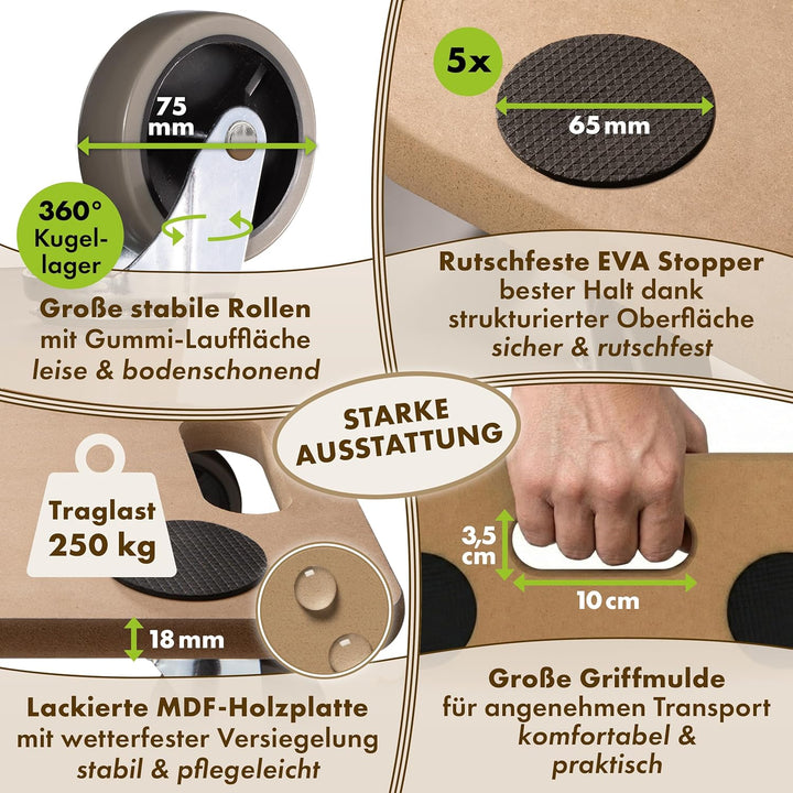 TTL HOME 3er Set Möbelroller SCOOTER DELUXE 58x30x11cm - 250kg Traglast lackiertes Rollbrett Transpo