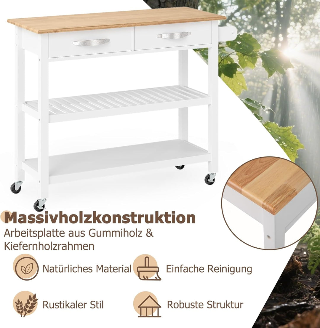 COSTWAY Küchenwagen Holz, Küchenschrank mit Rollen, Rollwagen mit Arbeitsplatte, 2 Schubladen, 2 off