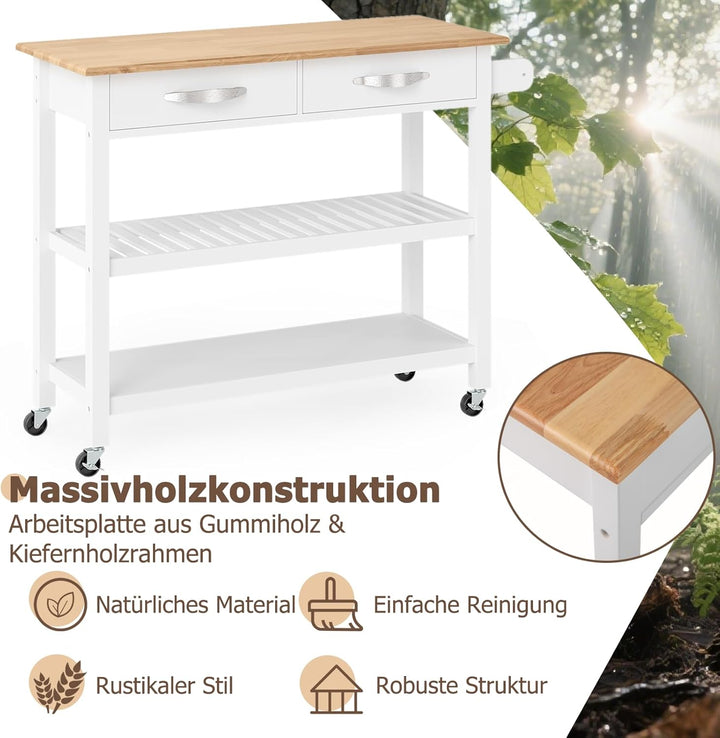 COSTWAY Küchenwagen Holz, Küchenschrank mit Rollen, Rollwagen mit Arbeitsplatte, 2 Schubladen, 2 off