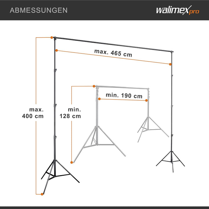 Walimex pro Hintergrundsystem XXL 190-465cm - extrem stabiles & grosses Profi Hintergrund-Set für St