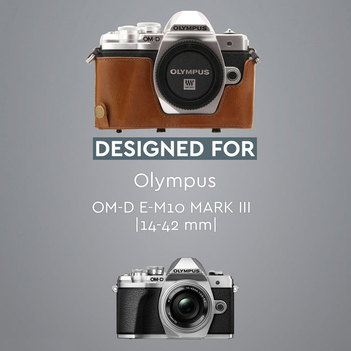 MegaGear Olympus OM-D E-M10 Mark III (14-42mm) Ever Ready Leder Kamera-Case mit Trageriemen und Batt