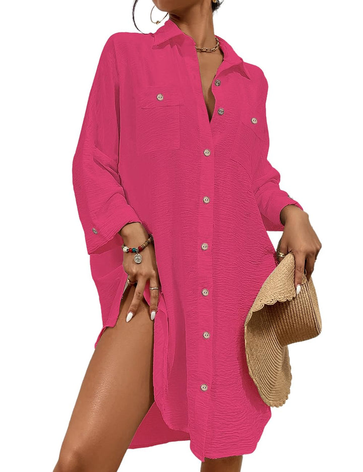 Bsubseach Sommer Strandkeid für Frauen Button Down Strand Shirt Kleid Badeanzug Cover Up V-Ausschnit
