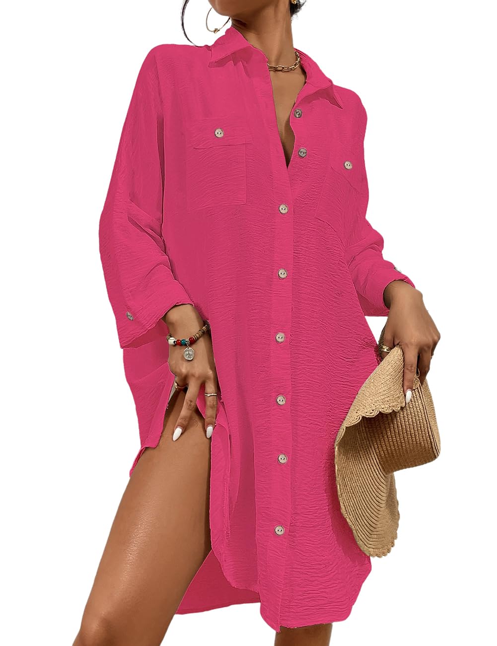 Bsubseach Frauen Badeanzug Coverup Shirt Kleid Button Down Badeanzug Cover Up Beachwear B-rose Rot L