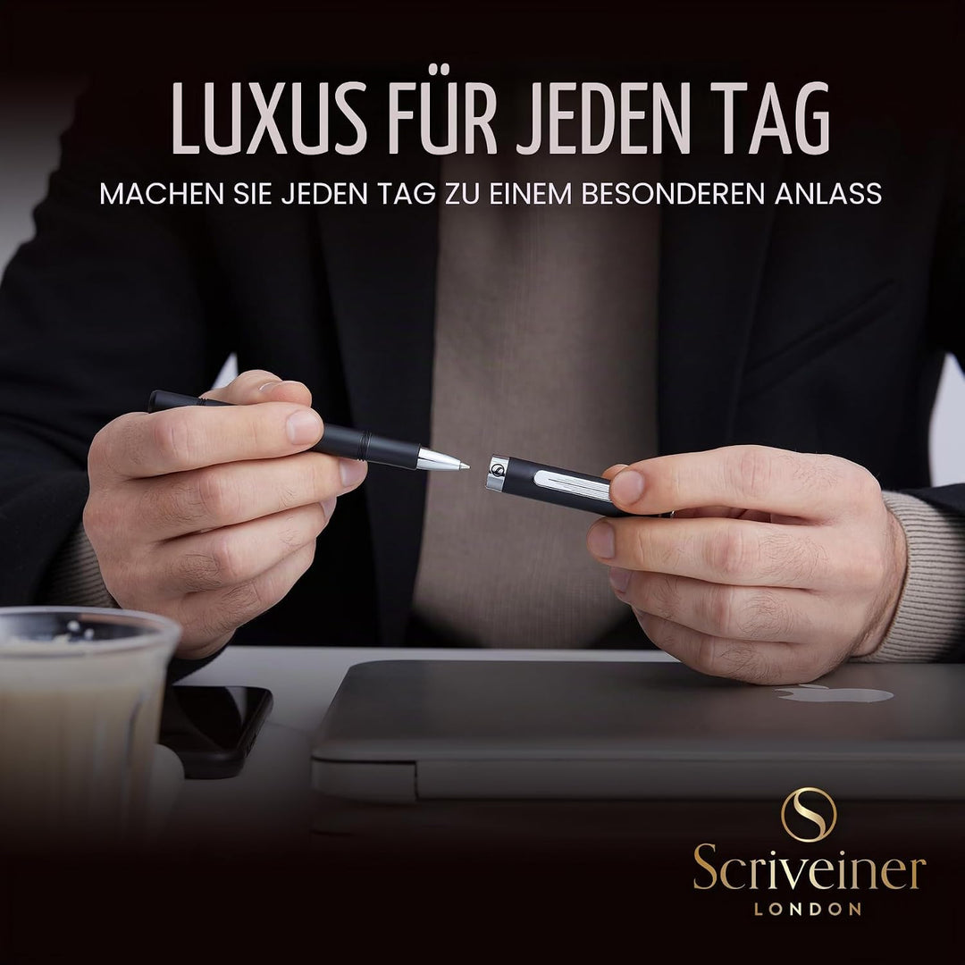 Scriveiner Schwarzer Kugelschreiber EDC Luxus Stift, Taschenkugelschreiber mit Chrom, Schönes Gesche