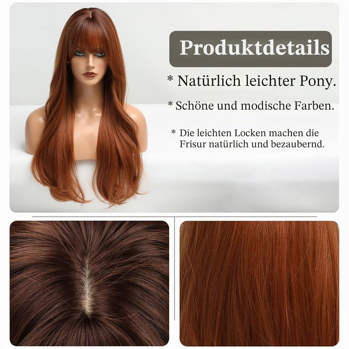 HAIRCUBE Lange Auburn Perücke mit Pony Layered Lockige Orange Perücken für Frauen Natürliche synthet