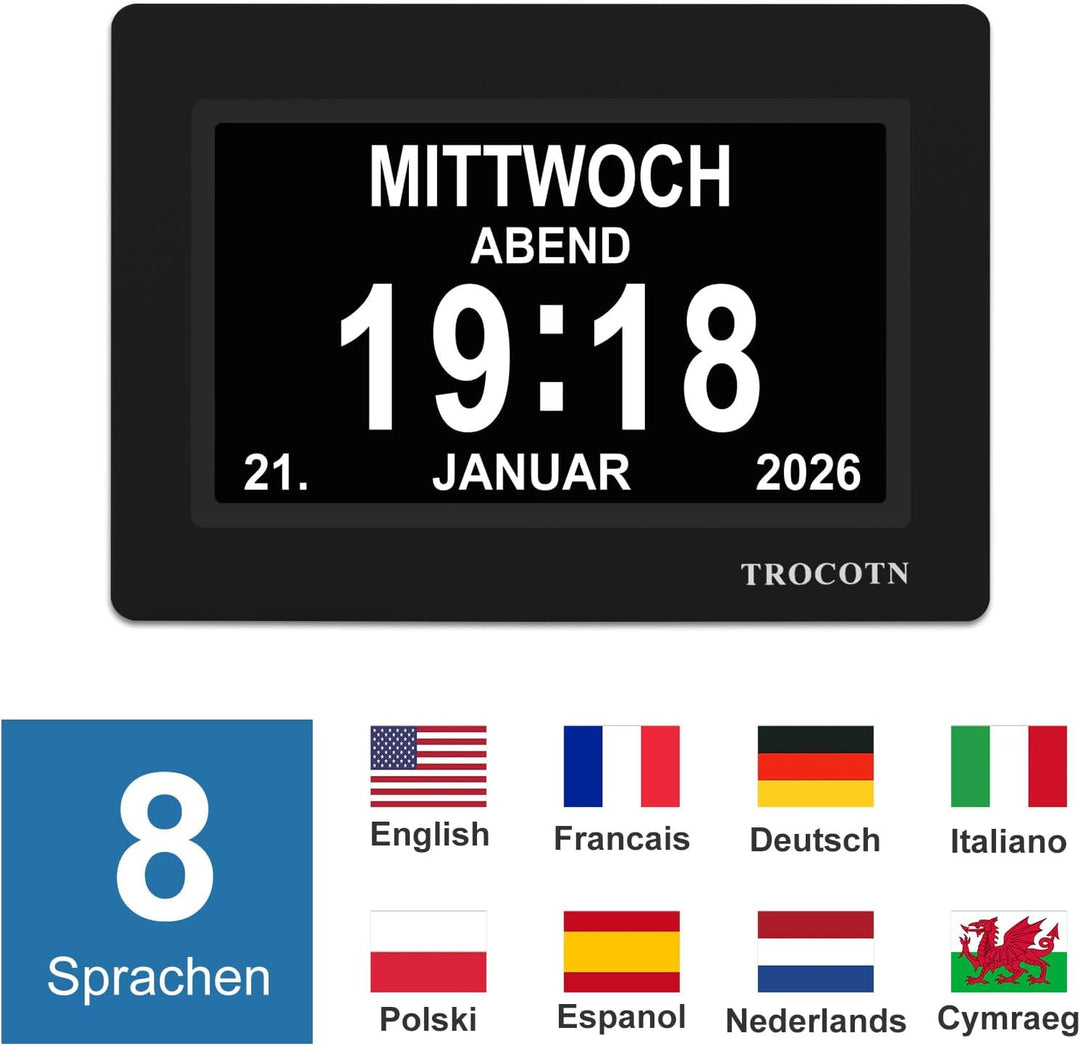 TROCOTN Demenz Uhr Senioren Digitale Uhr Tagesuhr Grosses Display Wecker Wanduhr (Schwarz, 7 Zoll) 7