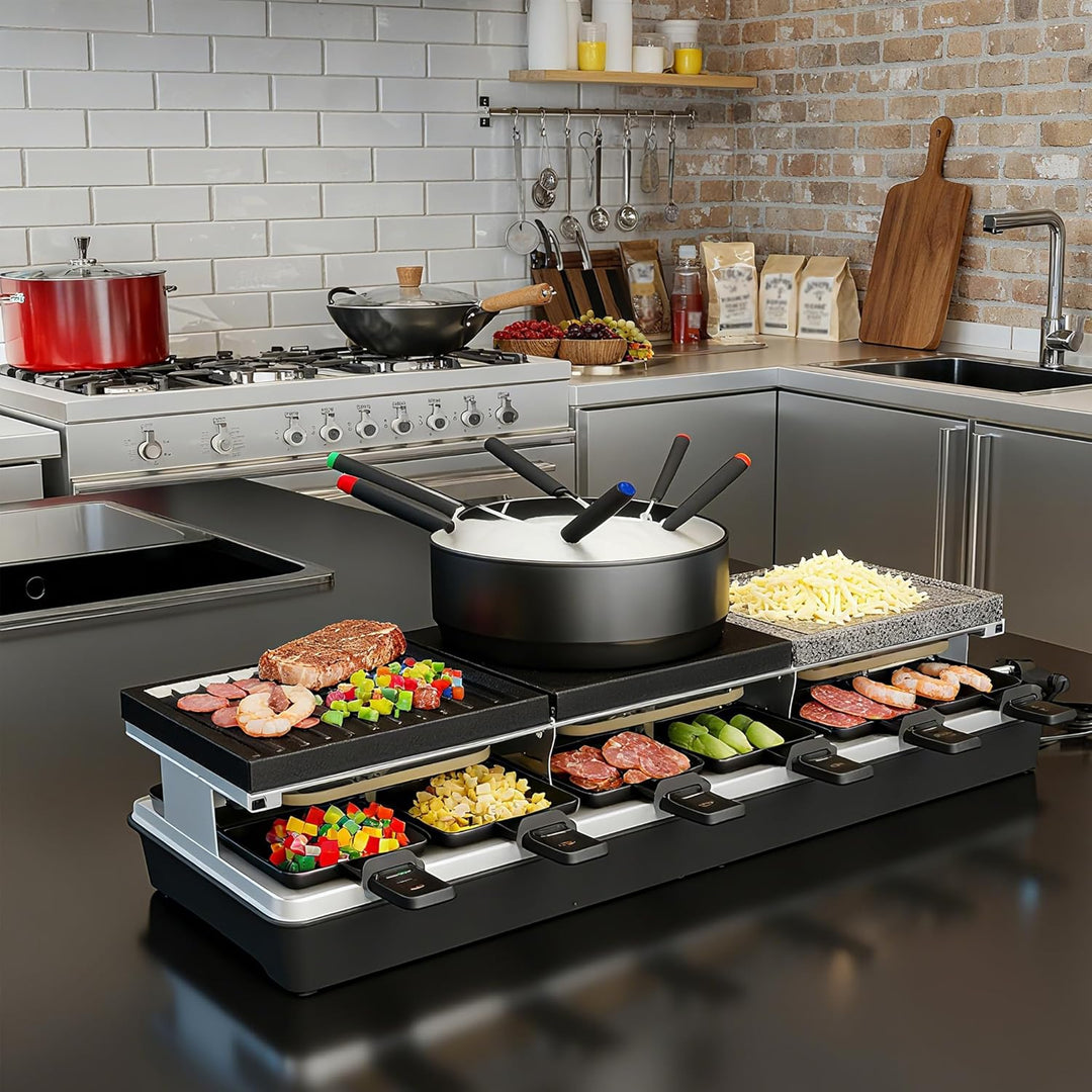 Multifunktions-Raclette- & Tischgrill 1650 W für 12 Personen mit Naturstein- & Antihaftplatten, Hot