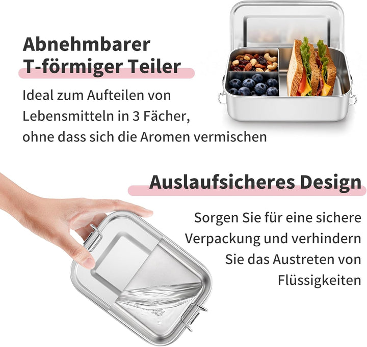 Onader Edelstahl Brotdose mit Fächern, 1400ml Bento Box Lunchbox mit Abnehmbar Trennwand, Metall Lun