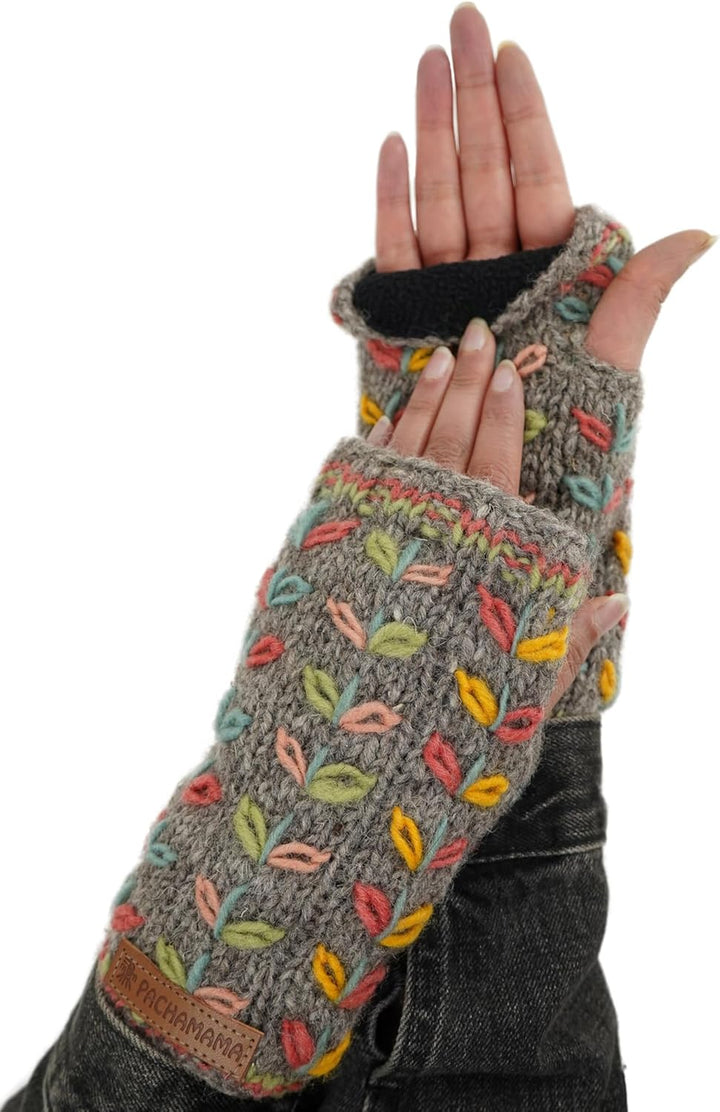 Damen Handwärmer Wolle Fleece Gefüttert Handgestrickt Blume bestickt Grau Einheitsgrösse Handmade Ex