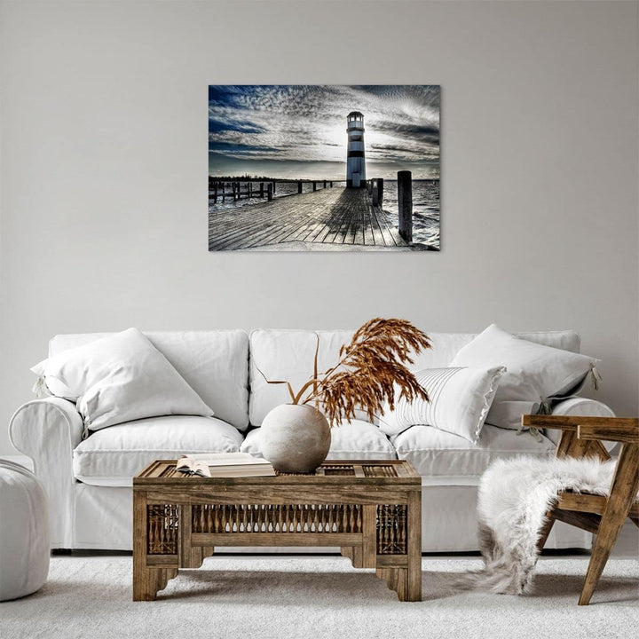 Bilder auf Leinwand See Leuchtturm Holzbrücke Wasser Leinwandbild 70x50cm Wandbilder Dekoration Wohn