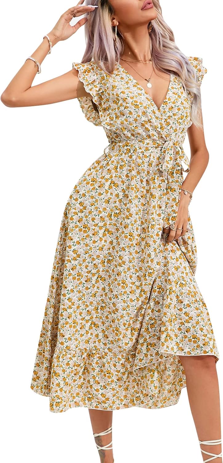 KOJOOIN Damen Sommerkleid Kurzarm Maxikleid Lange Wickelkleid Volant Kleid Rüschen Strandkleid V-Aus