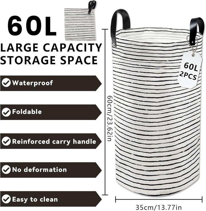 WPPQWP Faltbarer Wäschekorb, Laundry Baskets 60L (2er Set), Runder Wäschetonne mit Verstärkten Niete