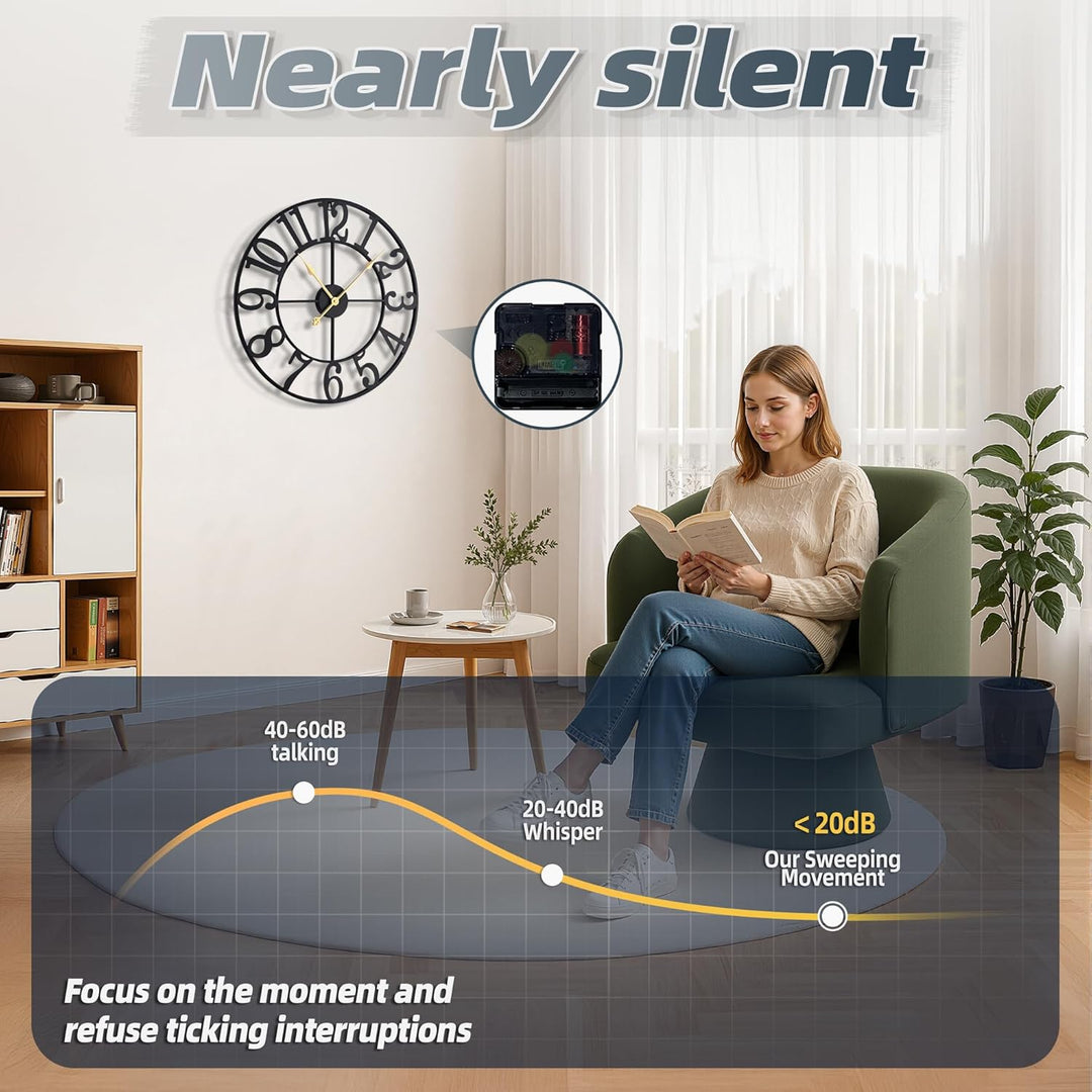 HAITANG Grosse Modern Wanduhr Wohnzimmer, Schwarz Wanduhr Rund Metall Geräuschlos Nicht Tickend Batt