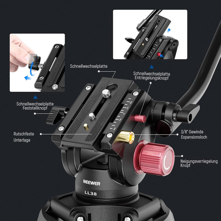 NEEWER LL38 79"/2m Video Kamerastativ mit Fluidkopf und Reinigungstuch, Robustes Metallstativ mit EI