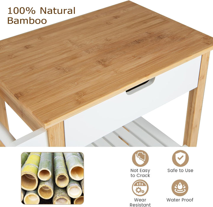 KOMFOTTEU Küchenwagen Kücheninsel aus Bambus & Holz, Servierwagen auf Rollen 66x40x85cm, Küchentroll