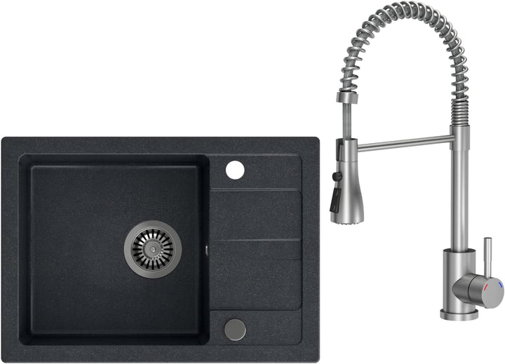 VBChome Spülbecken mit Armatur Schwarz 62 x 44 cm Granit Einzelbecken Einbauspüle Abtroffläche Gespr