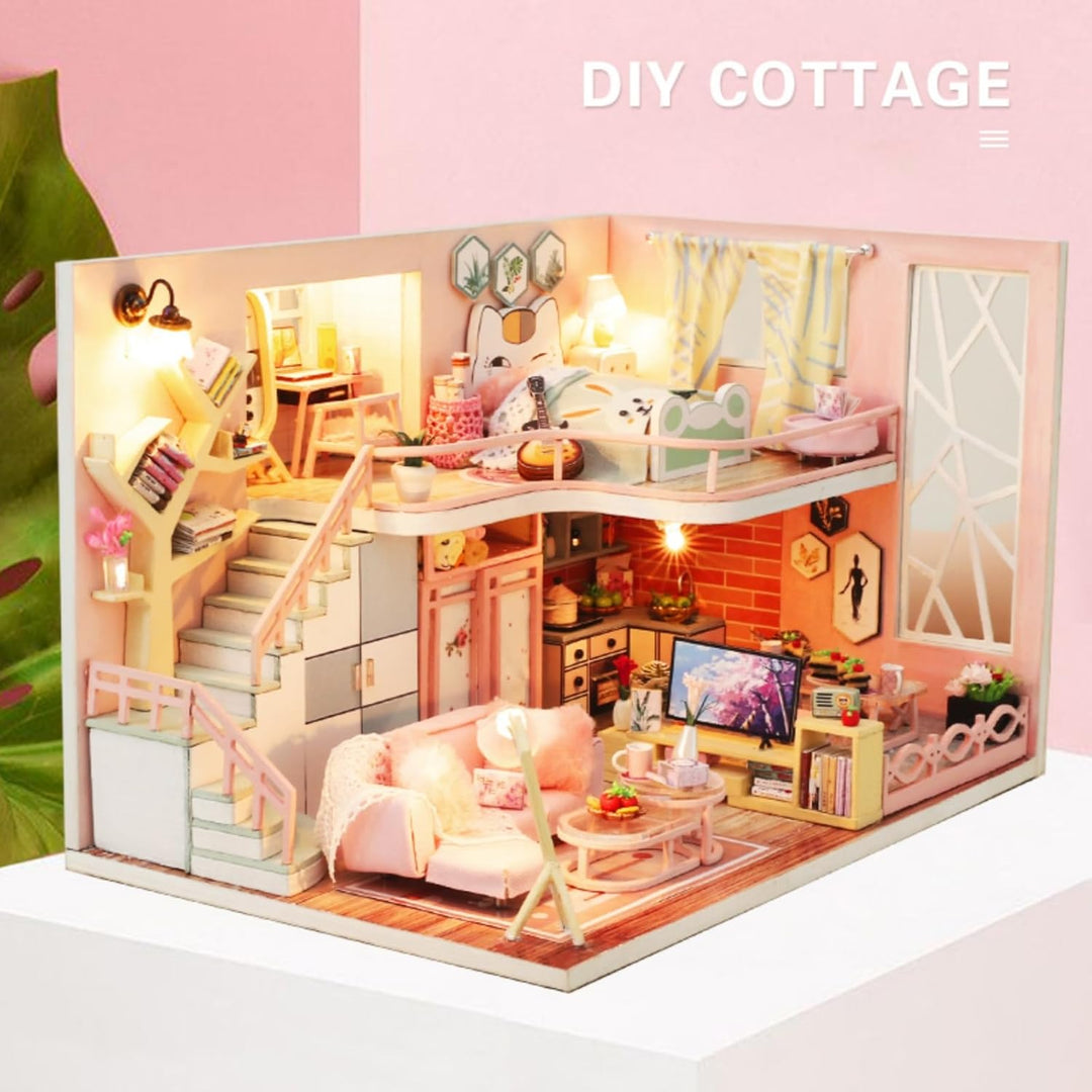 CUTEROOM DIY Miniatur Puppenhaus Kit, Modernes Holz Spielhaus mit Möbeln und Musik, Miniatur Haus, K