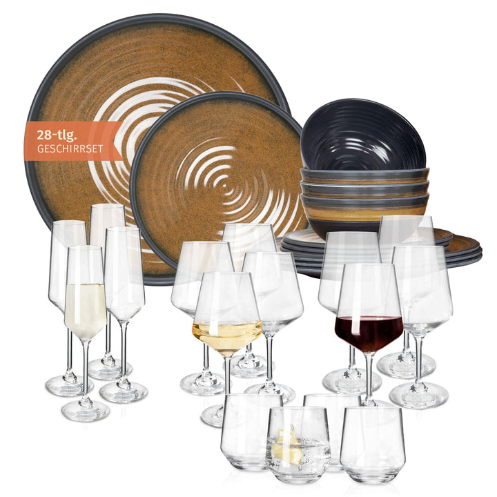 Melamin Camping Geschirr Set 4 Personen Stone Curry + 16 Milano Gläser Wassergläser Weingläser Champ