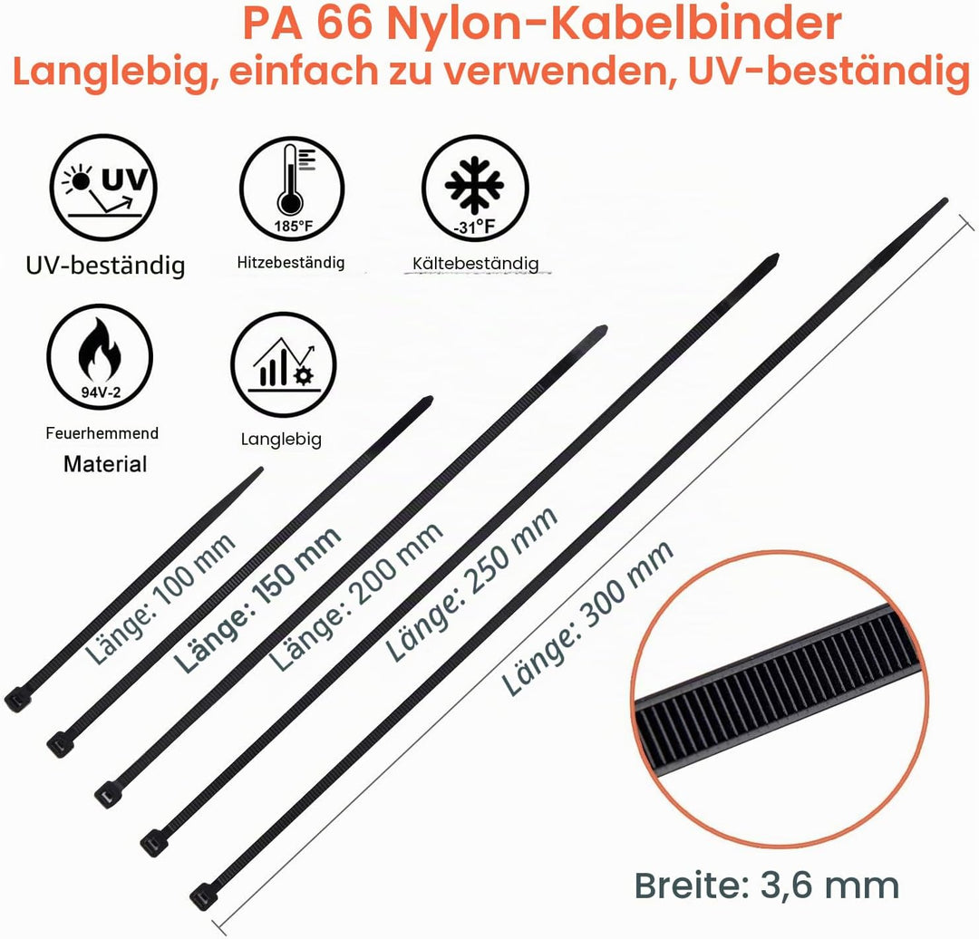 Kabelbinder Set 700 Stück Kabelbinder Schwarz, UV Beständigkeit 300/250/200/150/100 mm x 3,6 mm Sort