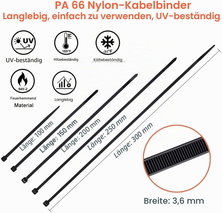 Kabelbinder Set 700 Stück Kabelbinder Schwarz, UV Beständigkeit 300/250/200/150/100 mm x 3,6 mm Sort