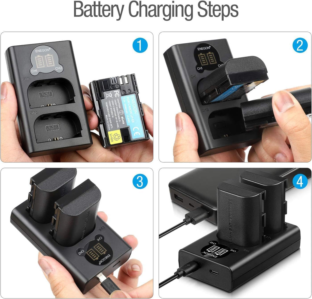 ENEGON LP-E6 Ersatzakku (2 Stück) und Smart LED Dual USB Ladegerät für Canon LP-E6, LP-E6N und Canon