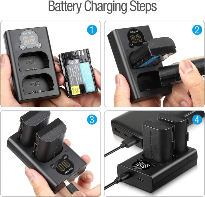 ENEGON LP-E6 Ersatzakku (2 Stück) und Smart LED Dual USB Ladegerät für Canon LP-E6, LP-E6N und Canon