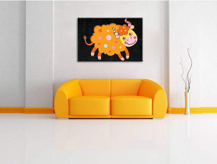 Pixxprint Niedliches Schaf mit Hörnern als Leinwandbild/Grösse: 100x70 cm/Wandbild/Kunstdruck/fertig