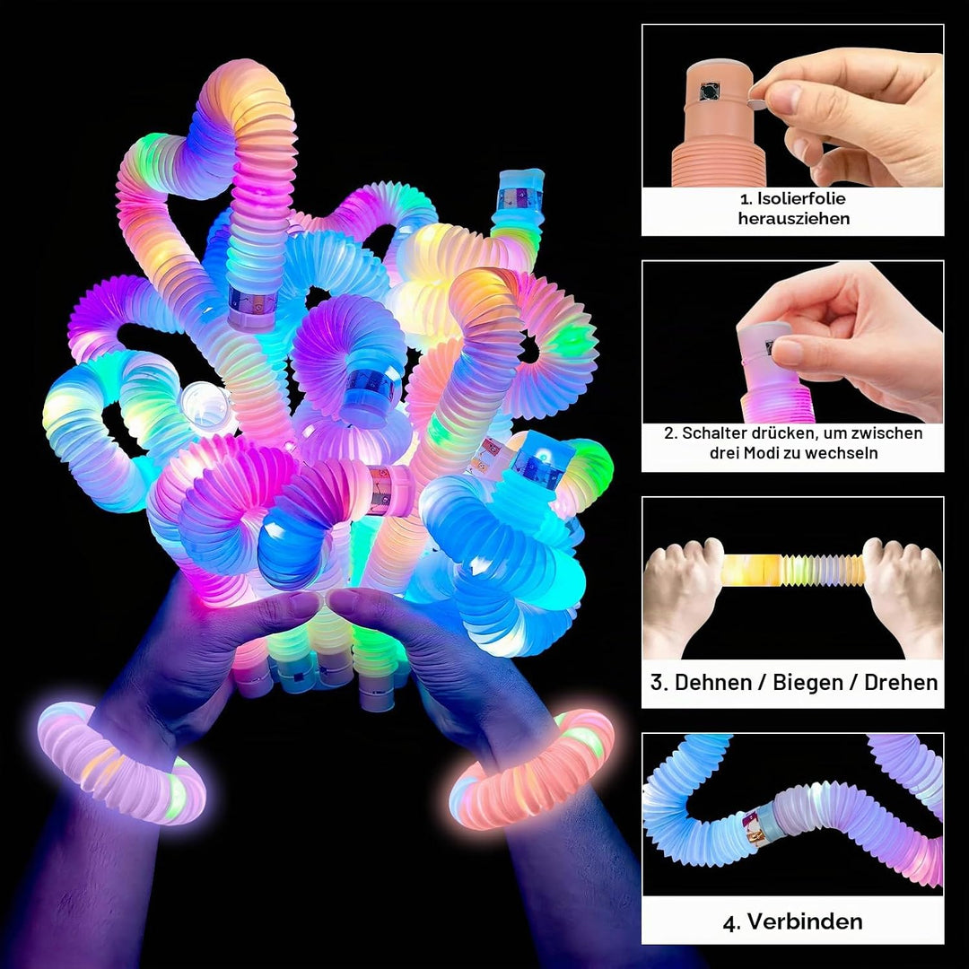 12 Stück Pop Tubes Spielzeug mit LED-Licht, LED Sensory Fidget Spielzeug, LED-Pop-Leuchtstäbe, Gebur