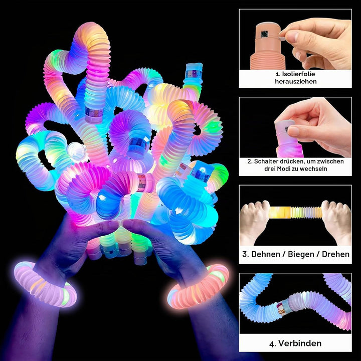 12 Stück Pop Tubes Spielzeug mit LED-Licht, LED Sensory Fidget Spielzeug, LED-Pop-Leuchtstäbe, Gebur