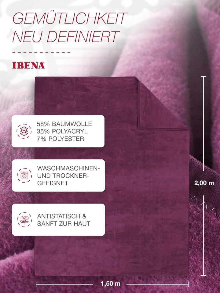 Ibena Porto Decke 150x200 cm – Baumwollmix weich, warm & waschbar, Kuscheldecke lila einfarbig 150 x