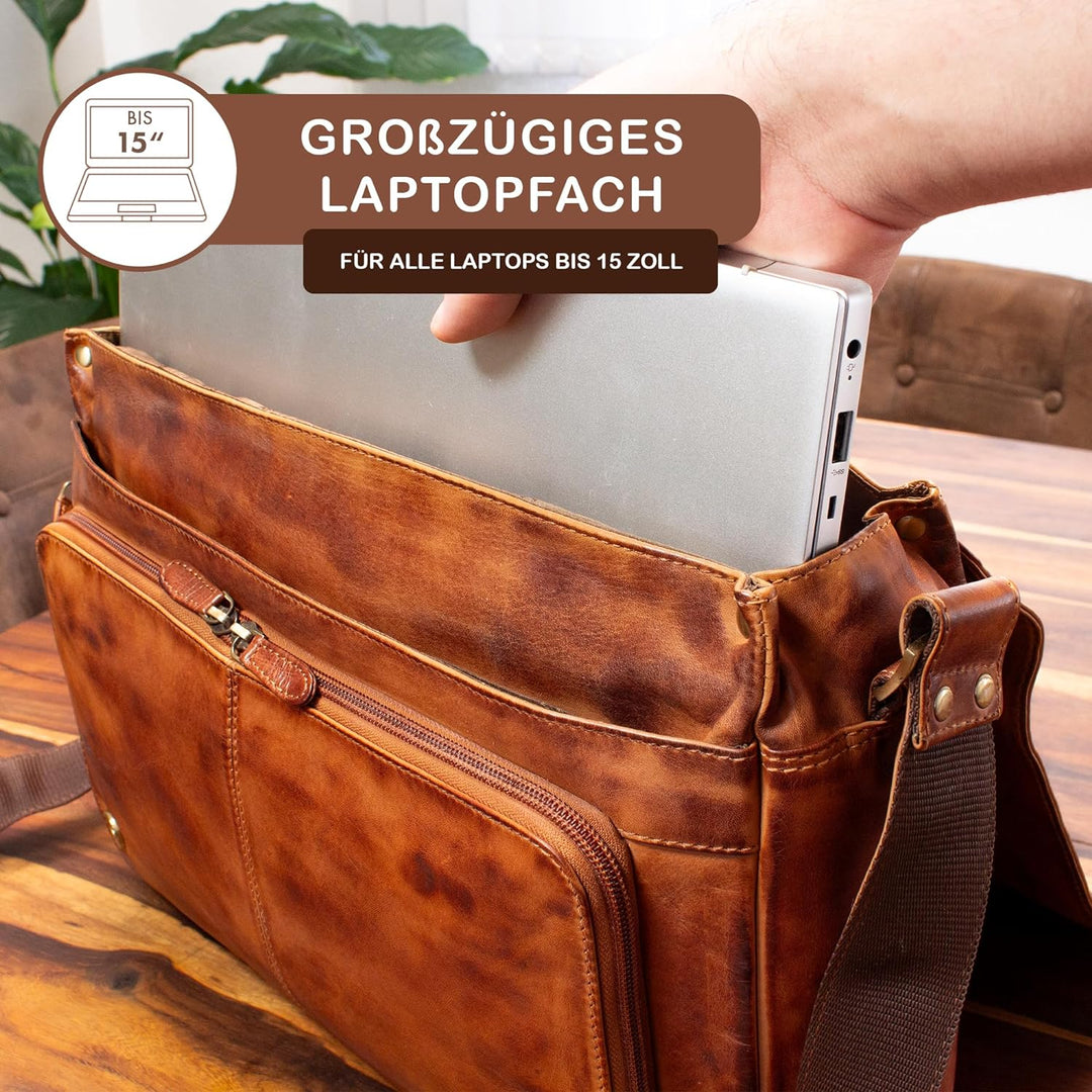 STILORD 'Tom' Vintage Leder Umhängetasche für Studium Uni Büro Arbeit 15 Zoll Laptoptasche DIN A4 Sc