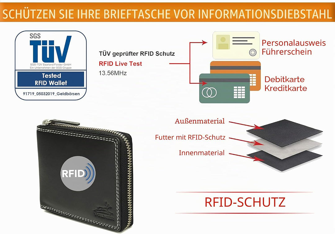 Fa.Volmer ® Herren Leder Geldbörse mit umlaufenden Reissverschluss - echtes Rindsleder - RFID-Schutz