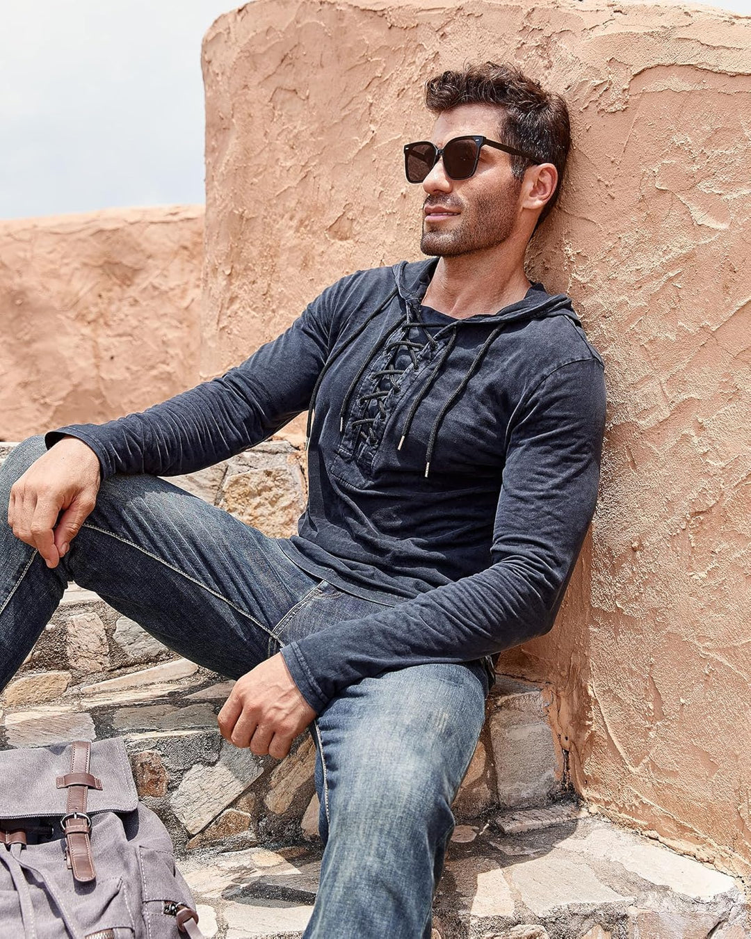 Herren Vintage Hoodie Langarm Shirt Männer Lace Up Hooded Langarmhemd Distressed Casual Outdoor Takt