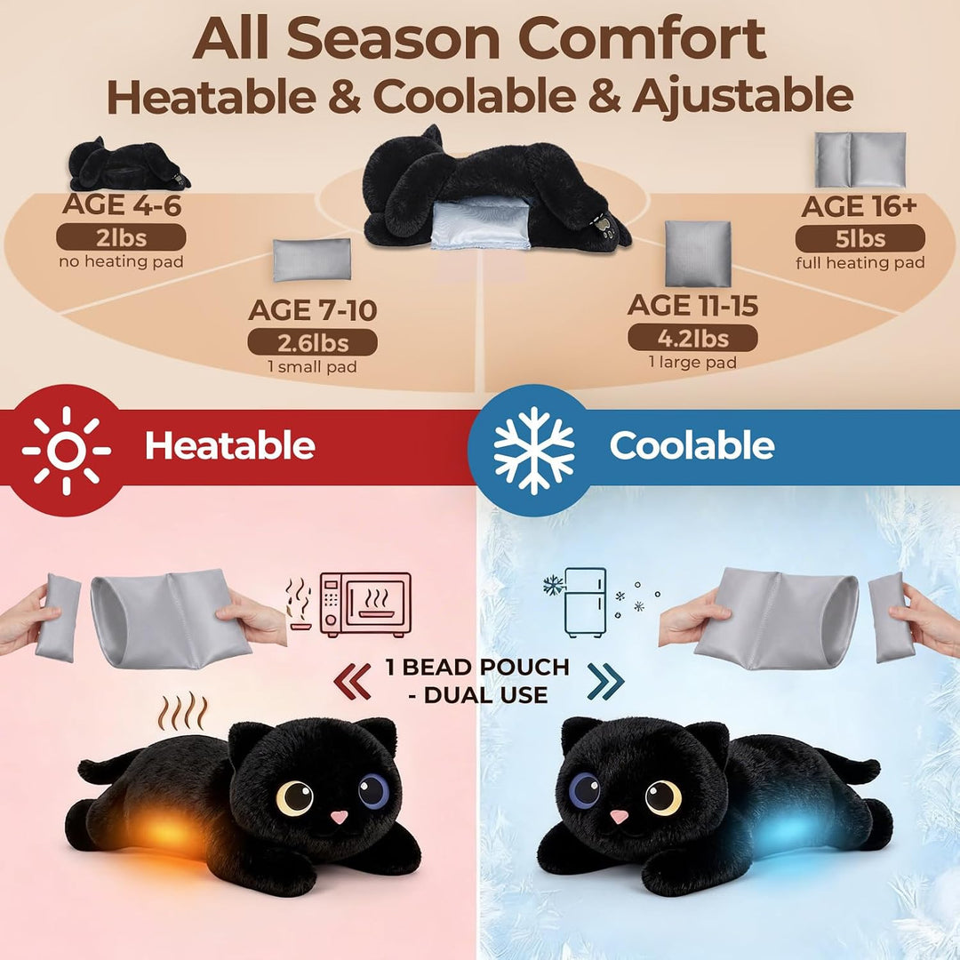Mewaii Gewichteter Schwarze Katze Kuscheltier mit Mikrowellen-Wärmekissen – 2,3 kg Gewichtskuschelti