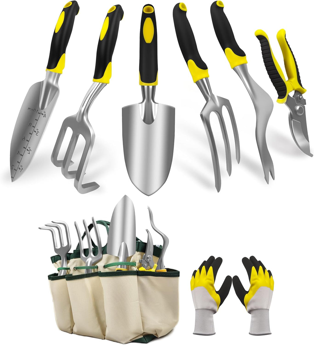 QRD Gartengeräte Set 8 in 1 Gartenwerkzeug mit Aufbewahrungstasche Gartenschaufel mit Gummigriff Gar