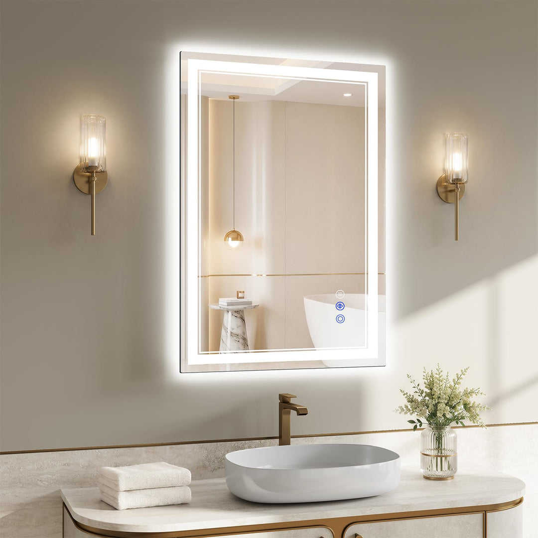 XRAMFY Badspiegel mit Beleuchtung LED 50x70cm, 3 Farbtemperaturen &amp; stufenloses Dimmen, Anti-Beschla