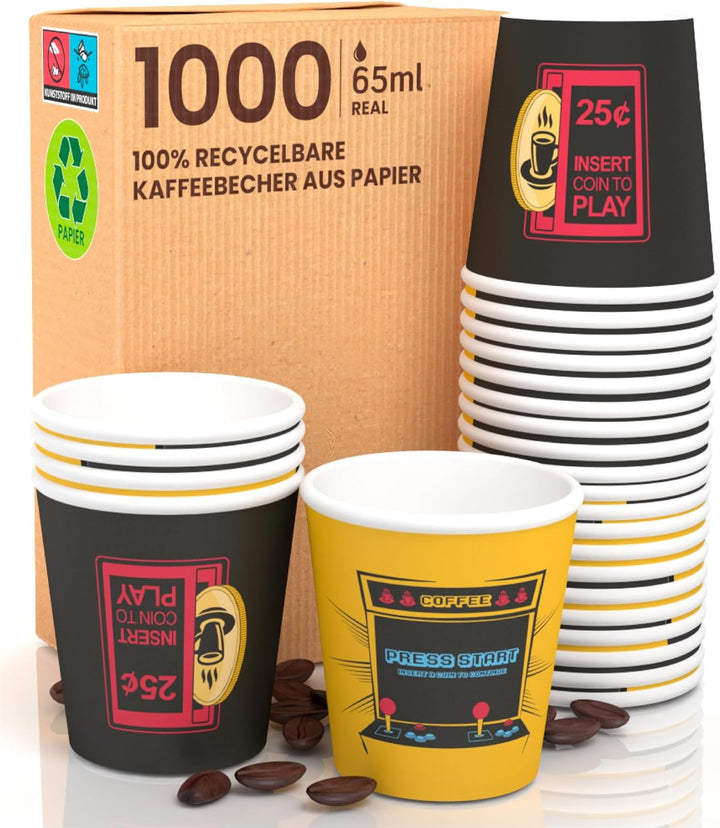 ArcadeCUP 1000 Kaffeebecher aus Papier, 65 ml, umweltfreundlich, biologisch abbaubar, Einwegbecher,