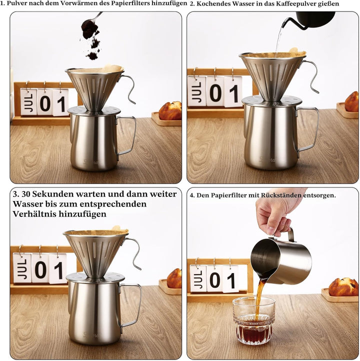 Pour Over Kaffeefilter, 304 Edelstahl mit 100 Stück Papierfilter Grösse 02 (Kaffee-Tropfer) Kaffee T