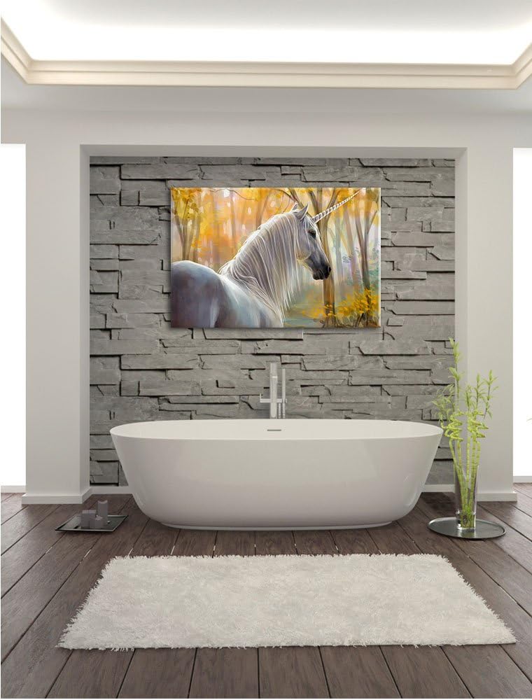 Einsames Einhorn im Wald, Format: 100x70 auf Leinwand, XXL riesige Bilder fertig gerahmt mit Keilrah
