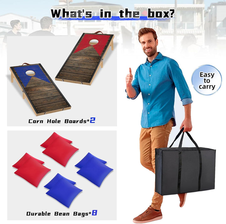 NZQXJXZ Cornhole Spiel Set aus Massivholz – 120 x 55 cm Faltbare Cornhole Bretter mit 8 Sitzsäcken u