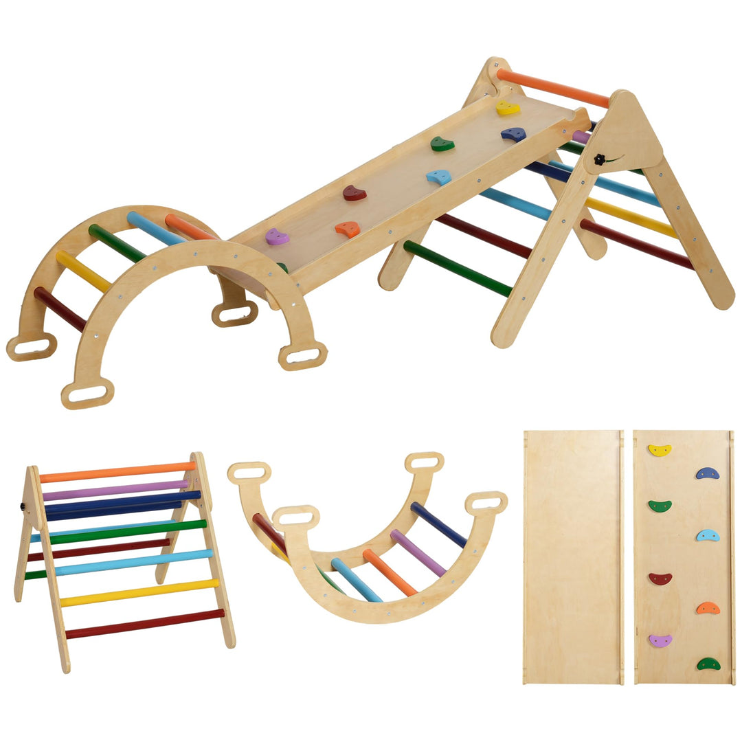 AIYAPLAY 5-in-1 Montessori Klettergerüst Indoor Holz Kletterdreieck mit Kletterbogen, Rutsche Indoor