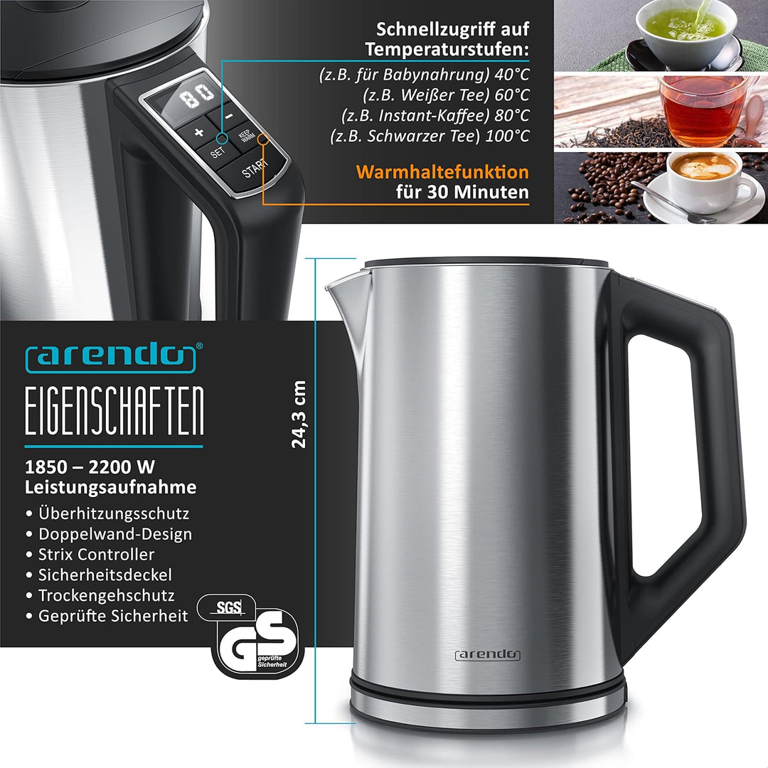 Arendo - Wasserkocher mit Toaster SET und Eierkocher, Edelstahl Silber Wasserkocher 1,5L 40°-100°C T