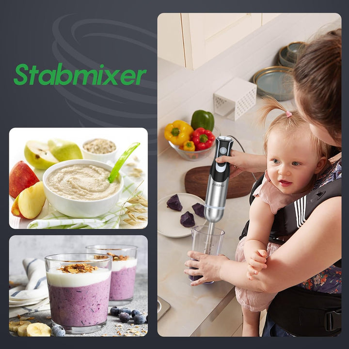 FRESKO 4-in-1 Stabmixer Edelstahl, 1000W Pürierstab mit 12 Geschwindigkeiten und Turbo-Modi, Inklusi