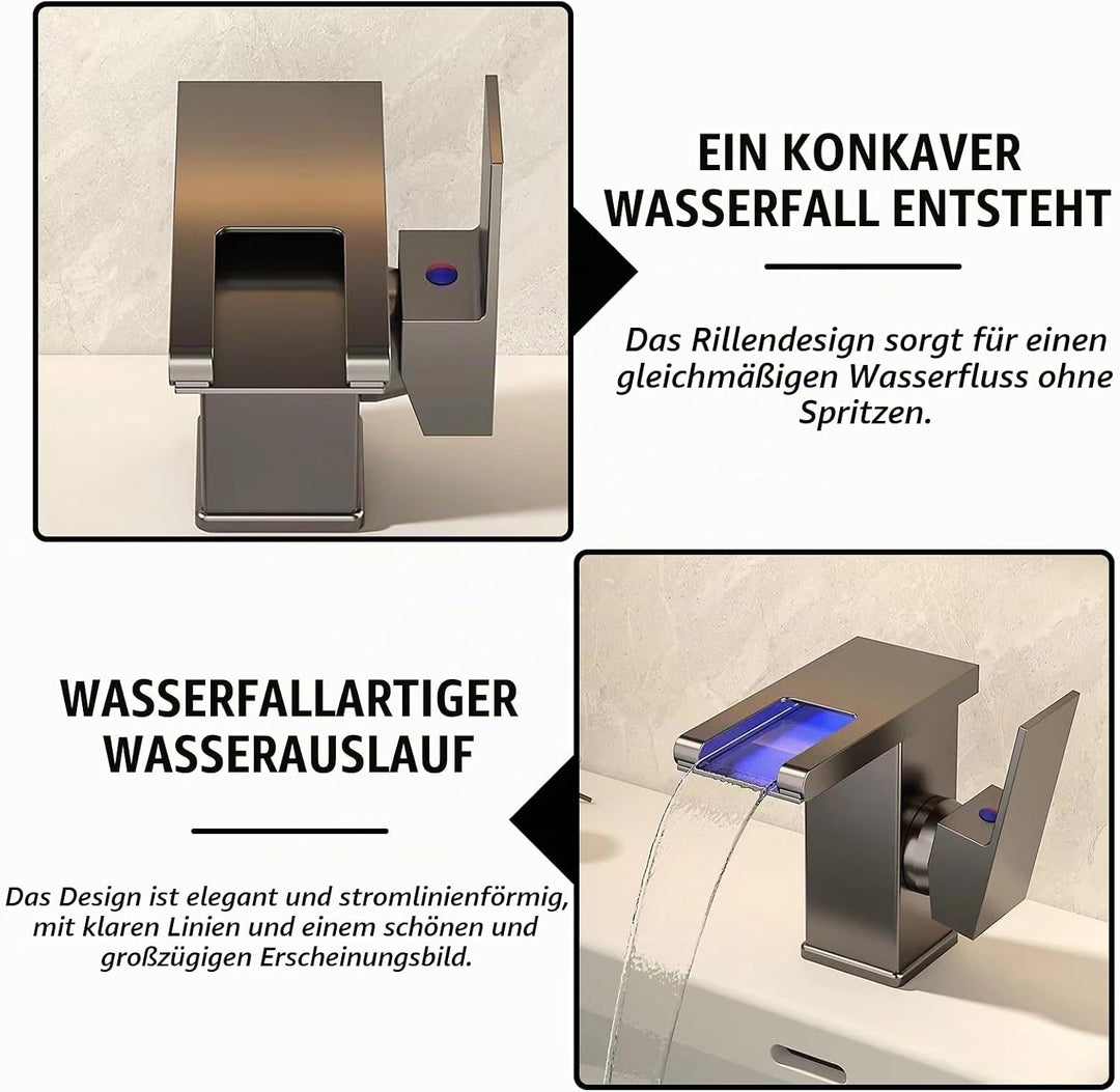 LED Lichter Bad Wasserhahn Schwarz, Wasserfall Armatur, 3 Farbe Waschbeckenarmatur, Warm- und Kaltwa