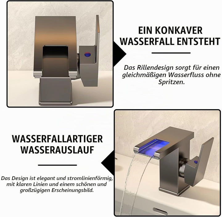 LED Lichter Bad Wasserhahn Schwarz, Wasserfall Armatur, 3 Farbe Waschbeckenarmatur, Warm- und Kaltwa